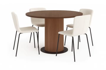 Noira Rundt Lite Spisebord Massiv Valnøtt 120 cm med 4 Katy Spisestoler - Brun / Hvit Bouclé / Metallben Svart - Møbler - Bord - Spisegruppe
