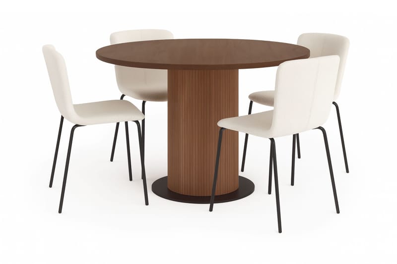 Noira Rundt Lite Spisebord Massiv Valnøtt 120 cm med 4 Katy Spisestoler, Brun / Hvit Bouclé / Metallben Svart