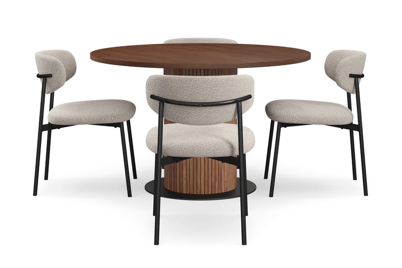 Noira Rundt Lite Spisebord Massiv Valnøtt 120 cm med 4 Lucy Spisestoler, Brun / Greige Bouclé / Metallben Svart