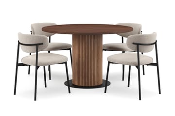 Noira Rundt Lite Spisebord Massiv Valnøtt 120 cm med 4 Lucy Spisestoler - Brun / Greige Bouclé / Metallben Svart - Møbler - Bord - Spisegruppe