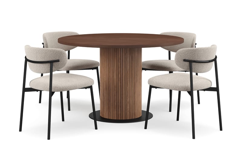 Noira Rundt Lite Spisebord Massiv Valnøtt 120 cm med 4 Lucy Spisestoler - Brun / Greige Bouclé / Metallben Svart - Møbler - Bord - Spisegruppe