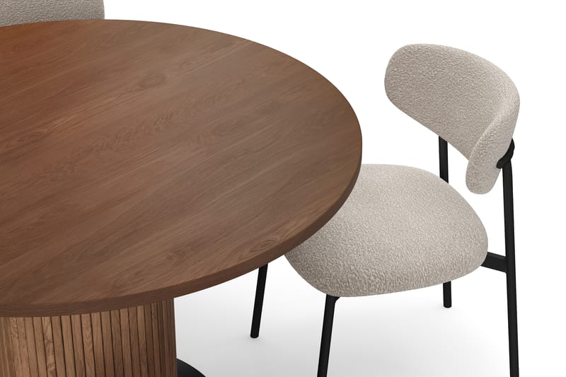 Noira Rundt Lite Spisebord Massiv Valnøtt 120 cm med 4 Lucy Spisestoler - Brun / Greige Bouclé / Metallben Svart - Møbler - Bord - Spisegruppe
