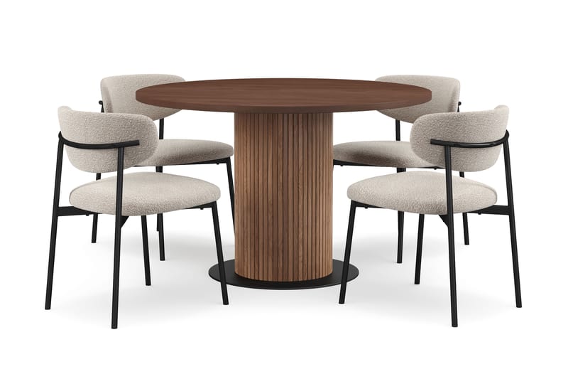 Noira Rundt Lite Spisebord Massiv Valnøtt 120 cm med 4 Lucy Spisestoler, Brun / Greige Bouclé / Metallben Svart