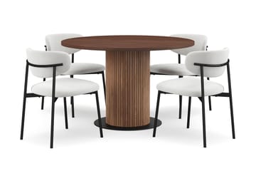 Noira Rundt Lite Spisebord Massiv Valnøtt 120 cm med 4 Lucy Spisestoler - Brun / Hvit Bouclé / Metallben Svart - Møbler - Bord - Spisegruppe