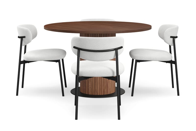 Noira Rundt Lite Spisebord Massiv Valnøtt 120 cm med 4 Lucy Spisestoler - Brun / Hvit Bouclé / Metallben Svart - Møbler - Bord - Spisegruppe