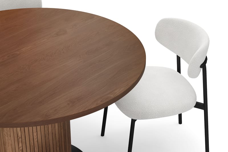 Noira Rundt Lite Spisebord Massiv Valnøtt 120 cm med 4 Lucy Spisestoler - Brun / Hvit Bouclé / Metallben Svart - Møbler - Bord - Spisegruppe