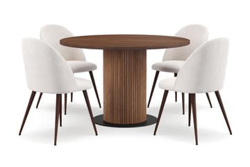 Noira Rundt Lite Spisebord Massiv Valnøtt 120 cm med 4 Nibe Plus Spisestoler - Brun / Hvit Bouclé / Metallben Valnøtt - Møbler - Bord - Spisegruppe