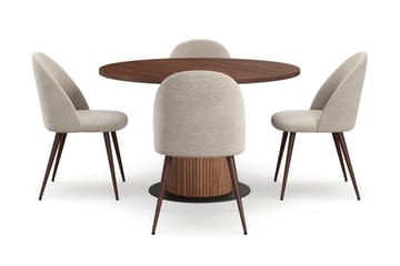 Noira Rundt Lite Spisebord Massiv Valnøtt 120 cm med 4 Nibe Plus Spisestoler - Brun / Greige Bouclé / Metallben Valnøtt - Møbler - Bord - Spisegruppe