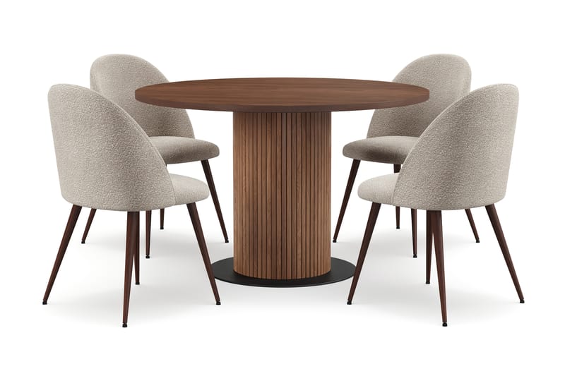 Noira Rundt Lite Spisebord Massiv Valnøtt 120 cm med 4 Nibe Plus Spisestoler - Brun / Greige Bouclé / Metallben Valnøtt - Møbler - Bord - Spisegruppe