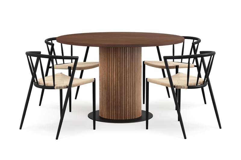 Noira Rundt Lite Spisebord Massiv Valnøtt 120 cm med 4 Winston Spisestoler, Brun / Beige / Metallben Svart