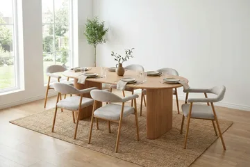 Noira spisegruppe 160–220 cm uttrekkbar i eik med 6 Ronja spisestoler - Sand/eik - Møbler - Bord - Spisegruppe