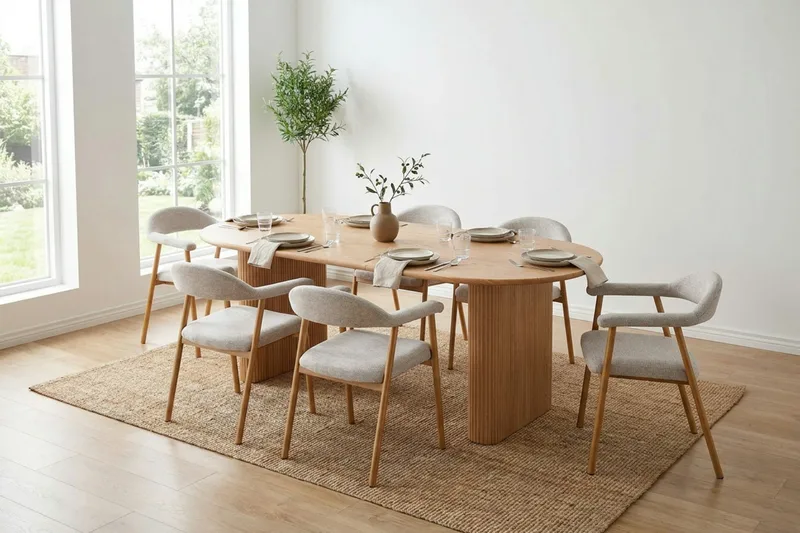 Noira spisegruppe 160–220 cm uttrekkbar i eik med 6 Ronja spisestoler - Sand/eik - Møbler - Bord - Spisegruppe