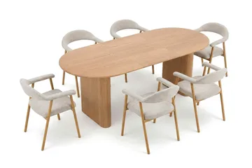Noira spisegruppe 160–220 cm uttrekkbar i eik med 6 Ronja spisestoler - Sand/eik - Møbler - Bord - Spisegruppe