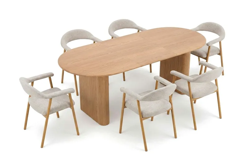 Noira spisegruppe 160–220 cm uttrekkbar i eik med 6 Ronja spisestoler - Sand/eik - Møbler - Bord - Spisegruppe