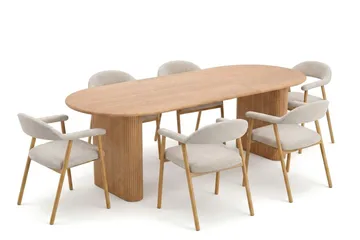 Noira spisegruppe 160–220 cm uttrekkbar i eik med 6 Ronja spisestoler - Sand/eik - Møbler - Bord - Spisegruppe