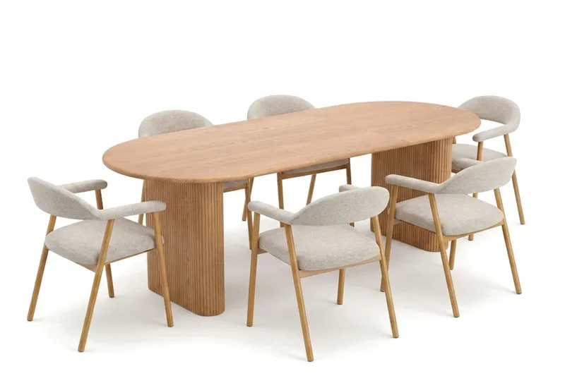 Noira spisegruppe 160–220 cm uttrekkbar i eik med 6 Ronja spisestoler, Sand/eik