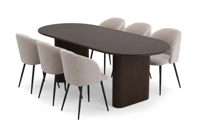 Noira Spisegruppe 160-220 cm uttrekkbar med 6 Greya Spisestoler, Røkt eik