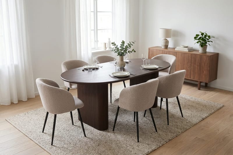 Noira Spisegruppe 160-220 cm uttrekkbar med 6 Greya Spisestoler - Røkt eik - Møbler - Bord - Spisegruppe