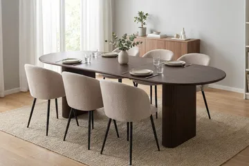 Noira Spisegruppe 160-220 cm uttrekkbar med 6 Greya Spisestoler - Røkt eik - Møbler - Bord - Spisegruppe