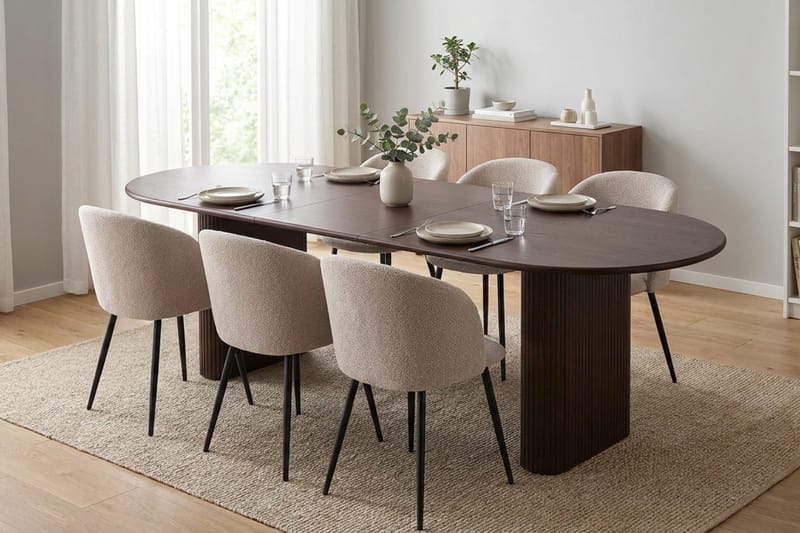 Noira Spisegruppe 160-220 cm uttrekkbar med 6 Greya Spisestoler - Røkt eik - Møbler - Bord - Spisegruppe