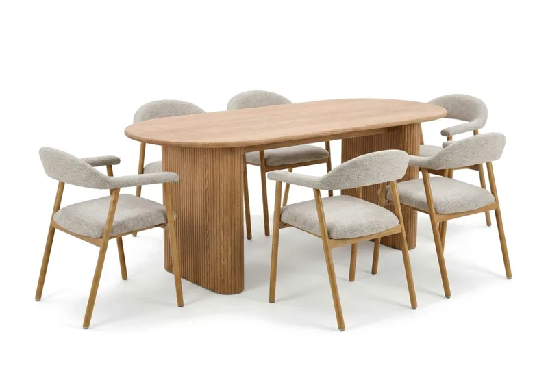 Noira spisegruppe 180 cm rektangulært i eik med 6 Ronja spisestoler, Sand/eik