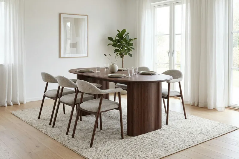 Noira spisegruppe 180 cm rektangulært i valnøtt med 6 Ronja spisestoler - Sand/valnøtt - Møbler - Bord - Spisegruppe