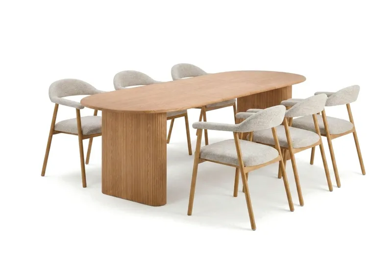 Noira spisegruppe 220–320 cm uttrekkbar i eik med 6 Ronja spisestoler, Sand/eik