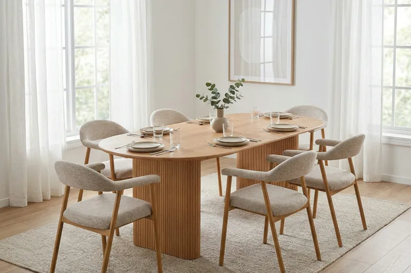 Noira spisegruppe 220–320 cm uttrekkbar i eik med 6 Ronja spisestoler - Sand/eik - Møbler - Bord - Spisegruppe