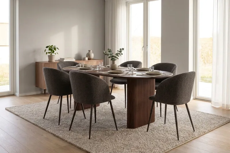 Noira Spisegruppe 220-320 cm uttrekkbar med 6 Greya Spisestoler - Valnøtt - Møbler - Bord - Spisegruppe