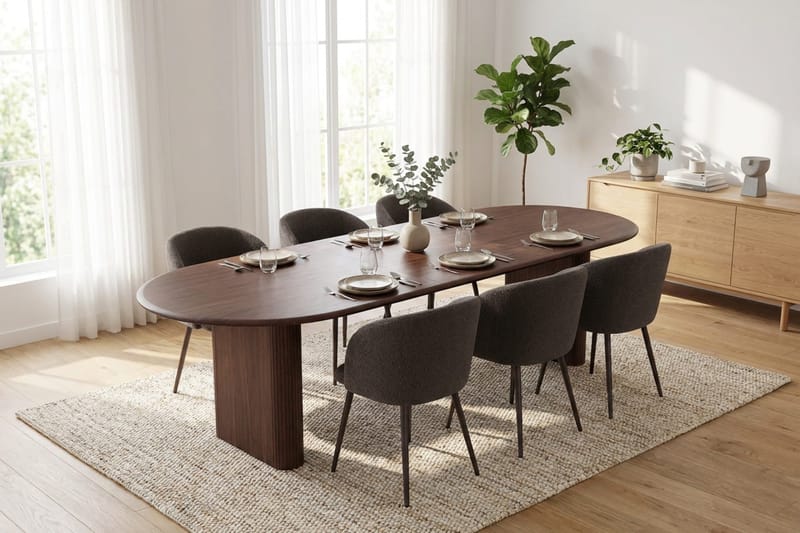 Noira Spisegruppe 220-320 cm uttrekkbar med 6 Greya Spisestoler - Valnøtt - Møbler - Bord - Spisegruppe