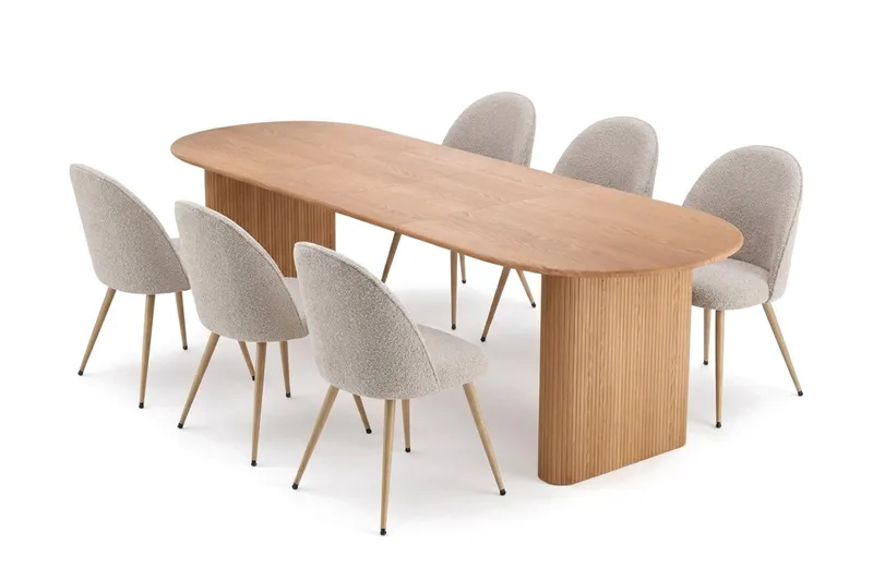 Noira Spisegruppe 220-320 cm uttrekkbar med 6 Nibe Plus Spisestoler, Eik