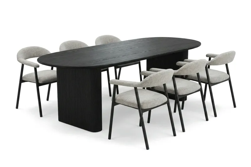 Noira spisegruppe 220 cm rektangulær i svart med 6 Ronja spisestoler, Beige/svart