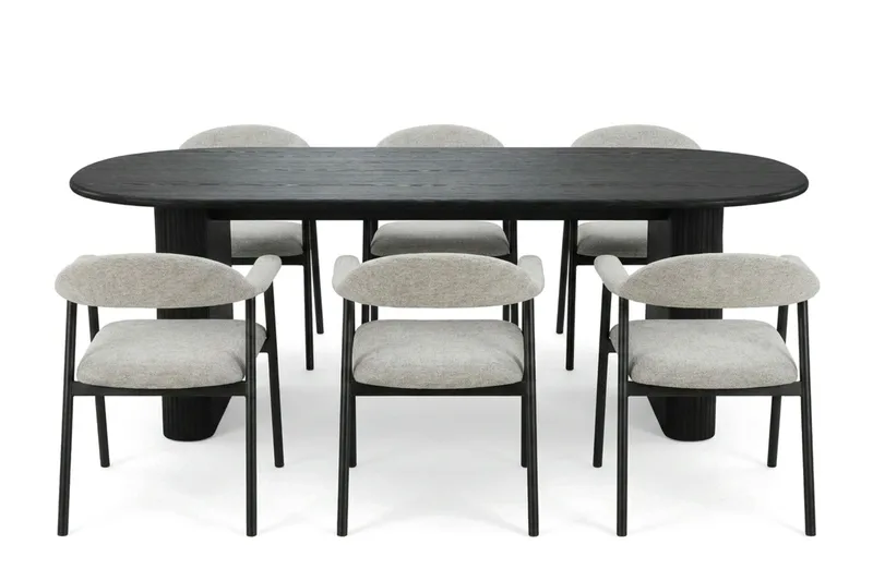 Noira spisegruppe 220 cm rektangulær i svart med 6 Ronja spisestoler - Beige/svart - Møbler - Bord - Spisegruppe