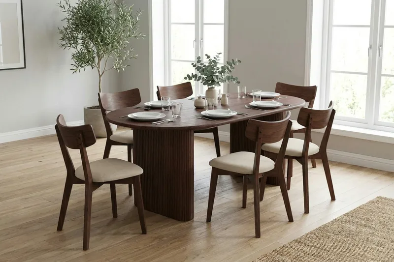 Noira spisegruppe 220 cm rektangulær i valnøtt med 6 Amelia spisestoler med pute - Valnøtt/Beige - Møbler - Bord - Spisegruppe
