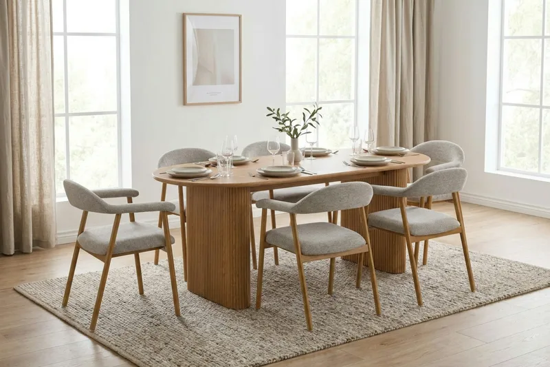 Noira spisegruppe 220 cm rektangulært i eik med 6 Ronja spisestoler - Sand/eik - Møbler - Bord - Spisegruppe