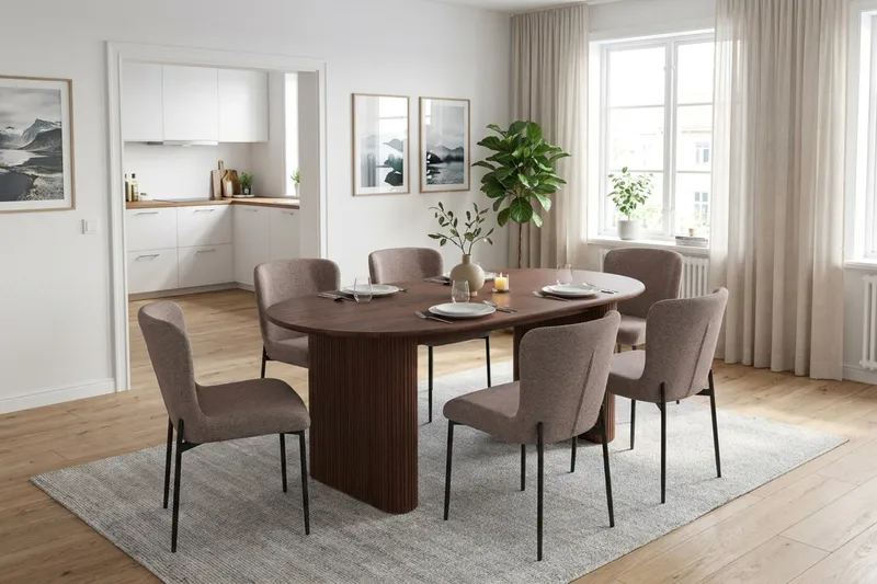 Noira Spisegruppe Rektangulær 180 cm Valnøtt med 6 Elsie Spisestoler - Valnøtt/Grå - Møbler - Bord - Spisegruppe