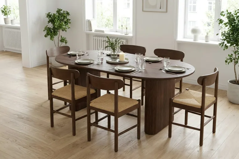 Noira Spisegruppe rektangulær 220 cm Valnøtt med 6 Malte Spisestoler - Møbler - Bord - Spisegruppe