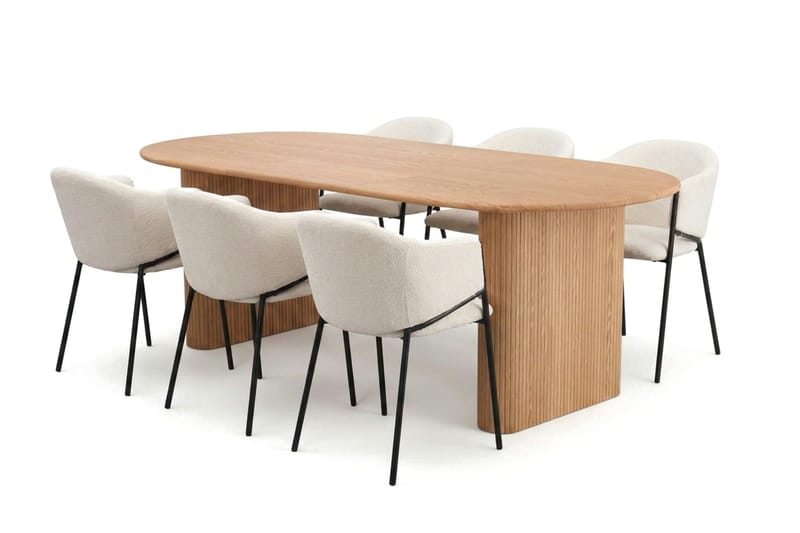 Noira spisegruppe uttrekkbar 160–220 cm eik med 6 Filip spisestoler, Eik