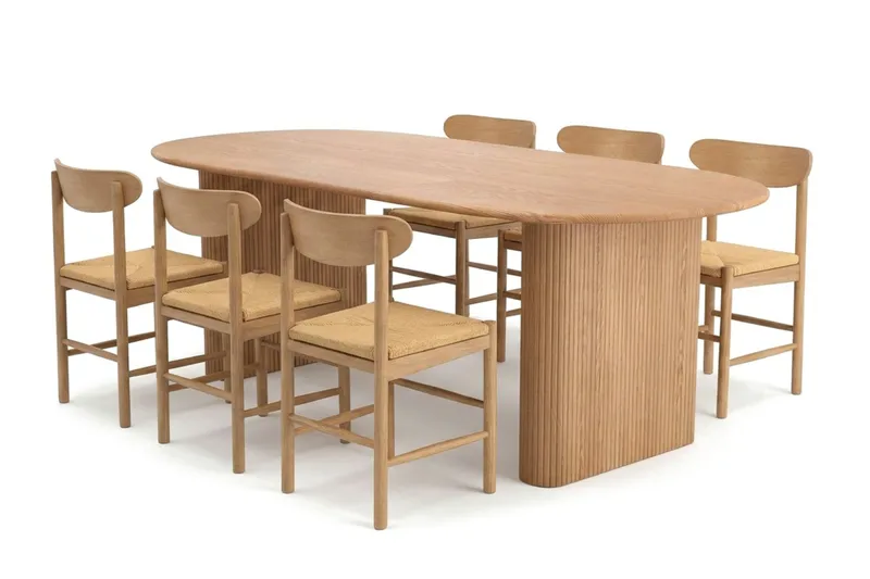 Noira spisegruppe uttrekkbar 160–220 cm eik med 6 Malte spisestoler