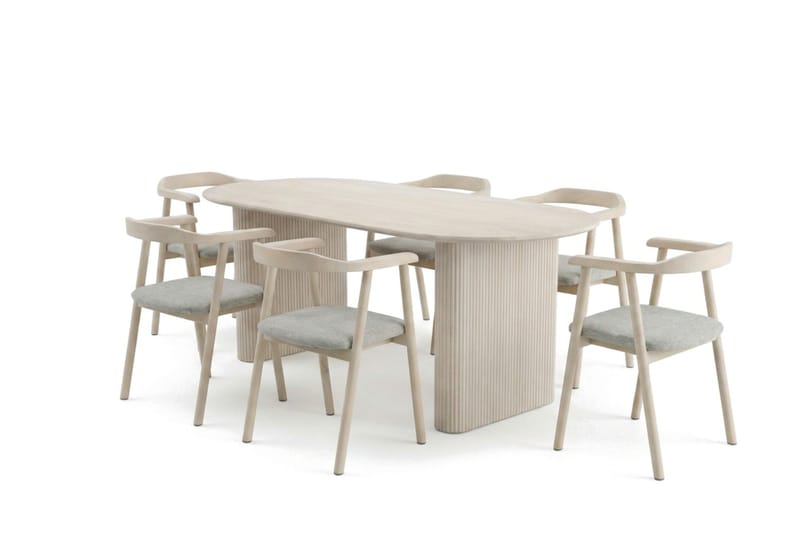 Noira spisegruppe uttrekkbar 160–220 cm hvitlasert med 6 Jolie spisestoler - Møbler - Bord - Spisegruppe