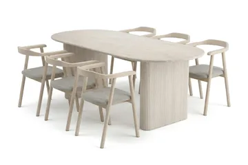 Noira spisegruppe uttrekkbar 160–220 cm hvitlasert med 6 Jolie spisestoler - Møbler - Bord - Spisegruppe