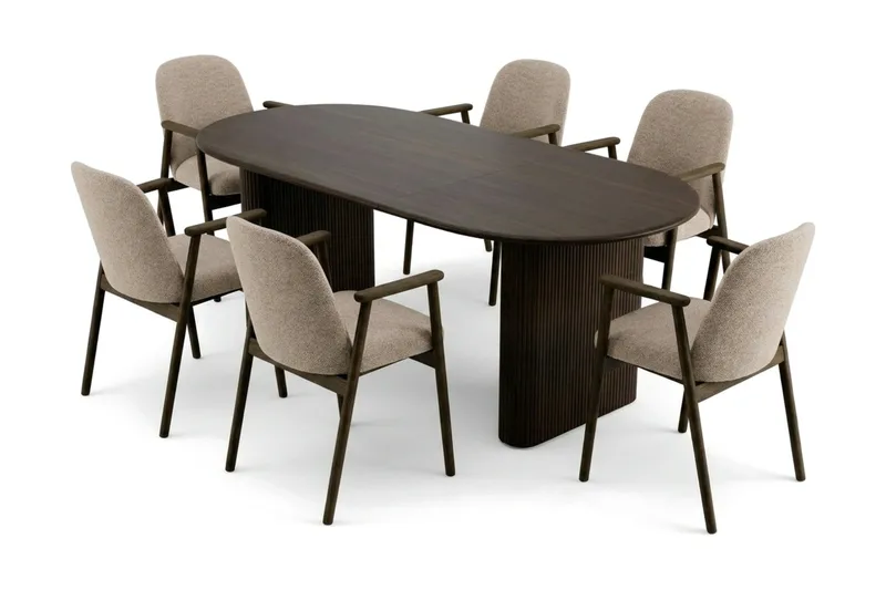 Noira spisegruppe uttrekkbar 160–220 cm røkt eik med 6 Reciclar spisestoler, Røkt eik