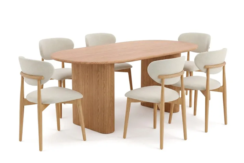 Noira spisegruppe uttrekkbar 160-220 cm eik med 6 Molly spisestoler, Eik