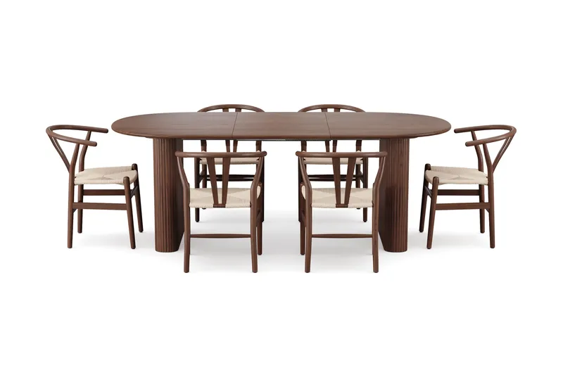 Noira Spisegruppe uttrekkbar 160-220 cm Valnøtt med 6 Dastoori Spisestoler - Valnøtt - Møbler - Bord - Spisegruppe