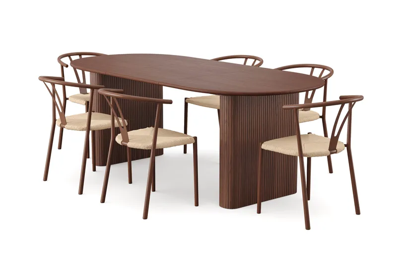 Noira spisegruppe uttrekkbar 160-220 cm valnøtt med 6 Elysia spisestoler, Valnøtt