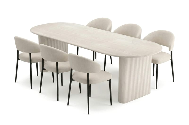 Noira spisegruppe uttrekkbar 220–320 cm hvitlasert med 8 Sawako spisestoler, Hvitlasert