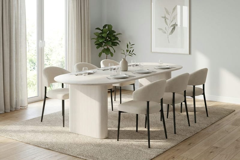 Noira spisegruppe uttrekkbar 220–320 cm hvitlasert med 8 Sawako spisestoler - Hvitlasert - Møbler - Bord - Spisegruppe