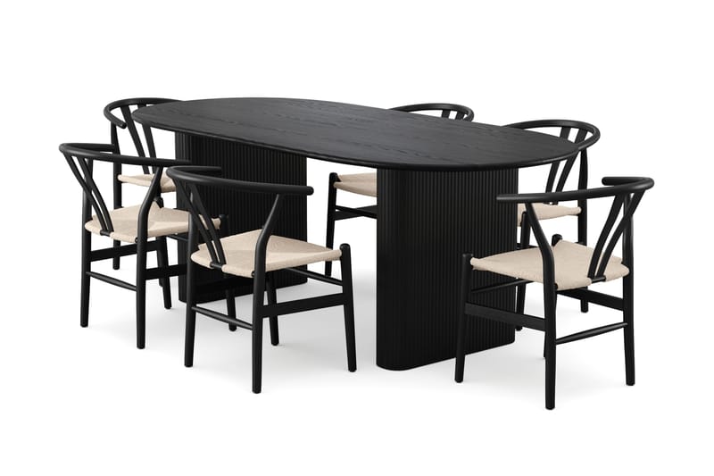 Noira spisegruppe uttrekkbar 220–320 cm svart med 6 Dastoori spisestoler, Svart