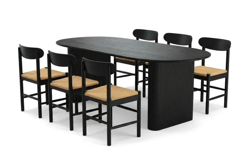 Noira spisegruppe uttrekkbar 220–320 cm svart med 6 Malte spisestoler