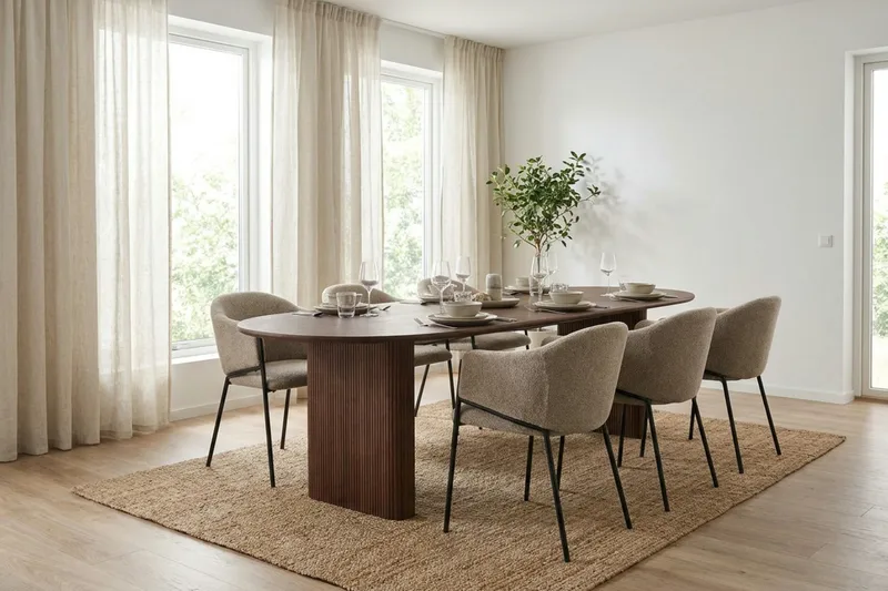 Noira spisegruppe uttrekkbar 220–320 cm valnøtt med 6 Filip spisestoler - Valnøtt - Møbler - Bord - Spisegruppe